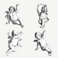 Vintage cute cherubs psd illustration set