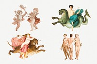 Vintage cupid, gods and nude woman psd illustration set