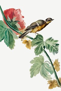 Vintage bird on flower branch psd illustration