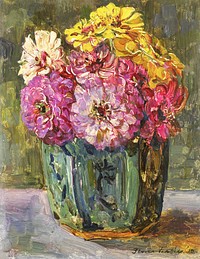 Still Life with Zinnias in a green Jar (1910) in high resolution by Floris Verster. Original from The Rijksmuseum. Digitally enhanced by rawpixel.