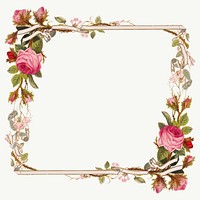 Vintage pink roses vector border frame illustration, remix from artworks by L. Prang & Co.