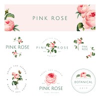 Hand drawn pink rose emblem vector set