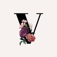 Classic and elegant floral alphabet font letter V