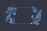 Gold rectangle frame decorated with blue leaves on a navy blue background