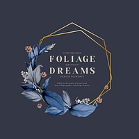 Foliage dreams in a gold hexagon frame decorated with blue leaves on a navy blue background