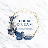 Indigo dream in a gold hexagon frame decorated with blue leaves on a white marble background