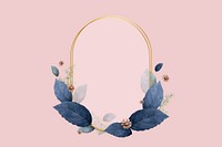 Gold oval frame decorated with blue leaves on a pink background