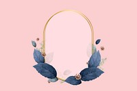 Gold oval frame decorated with blue leaves on a pink background