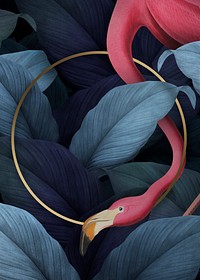 Tropical flamingo on a round golden frame