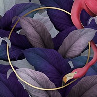 Tropical flamingo on a round golden frame illustration
