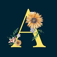 Yellow alphabet A decorated with various flowers vector