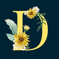 Yellow letter D decorated with hand drawn sunflower and white mums vector