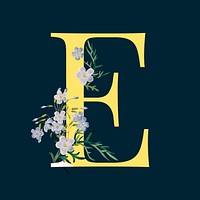 Yellow letter E decorated with hand drawn blue phlox vector