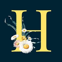 Yellow letter H decorated with hand drawn mums flowers vector