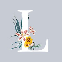 White letter L decorated with hand drawn various flowers vector