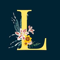 Yellow letter L decorated with hand drawn various flowers vector