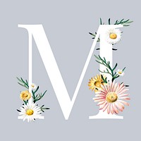 letter M decorated with hand drawn mums flowers vector