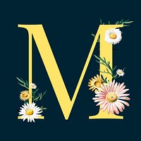 letter M decorated with hand drawn mums flowers vector