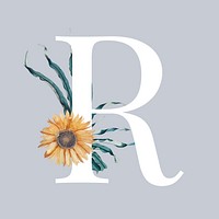 White alphabet R decorated with hand drawn sunflower vector