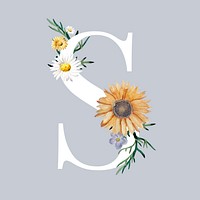 White alphabet S decorated with hand drawn various flowers vector