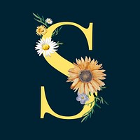 Yellow alphabet S decorated with hand drawn various flowers vector
