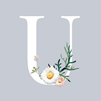 White letter U decorated with hand drawn mums flowers vector
