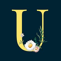 Yellow letter U decorated with hand drawn mums flowers vector