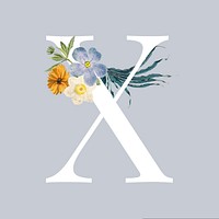 White alphabet X decorated with hand drawn various flowers vector
