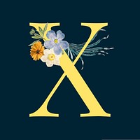 Yellow alphabet X decorated with hand drawn various flowers vector