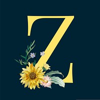 Yellow letter Z decorated with hand drawn various flowers vector
