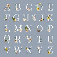 Floral font alphabet collection psd summer typography