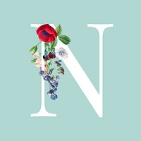 Floral capital letter N alphabet vector