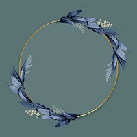 Gold circle frame decorated with blue leaves on a green background