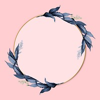 Gold circle frame decorated with blue leaves on a pink background