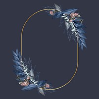 Gold oval frame decorated with blue leaves on a navy blue background