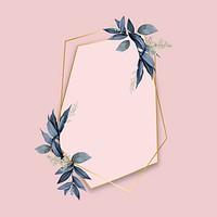 Gold pentagon frame decorated with blue leaves on a pink background