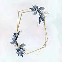 Gold pentagon frame decorated with blue leaves on a white paint brushstroke background