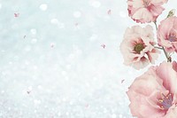 Pink peony and cherry blossom flower branch bouquet border on blue glitter background