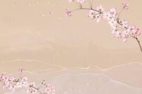 Pink cherry blossom flower branch bouquet border on nude peach background