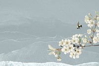 White azalea blossom flower branch bouquet border on blue background