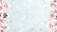 Pink cherry blossom flower branch bouquet border on blue glitter background