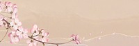 Pink cherry blossom flower branch border frame on peach background banner