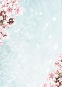 Cherry blossom flower border frame on glitter blue background