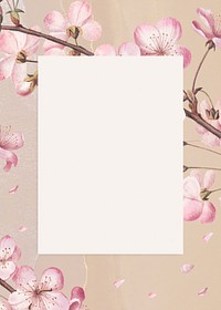 Rectangular pink cherry blossom flower bouquet border frame on nude peach background