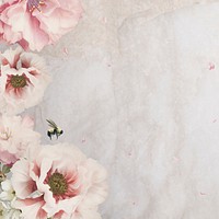 Pink peony and azalea flower branch bouquet border on cream marble background