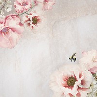 Pink peony and azalea flower branch bouquet border on cream marble background