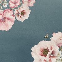 Pink cherry blossom flower and peony branch bouquet border on blue background