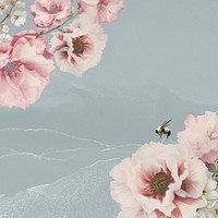 Pink cherry blossom flower and peony branch bouquet border on blue background