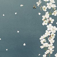 Cherry blossom flower border frame on blue  background
