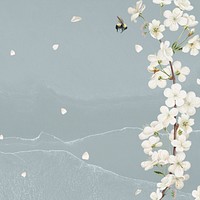 Cherry blossom flower border frame on blue gray background